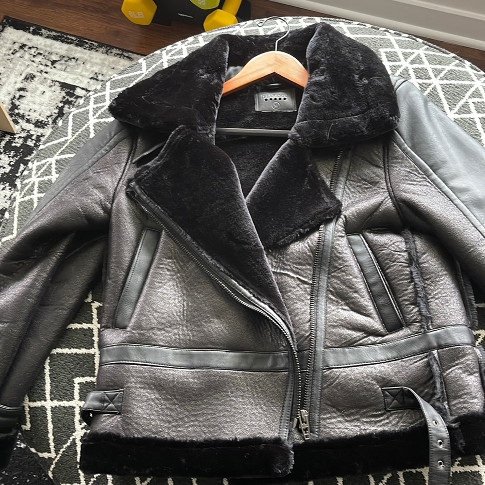 Black leather jacket with faux fur trim size medium